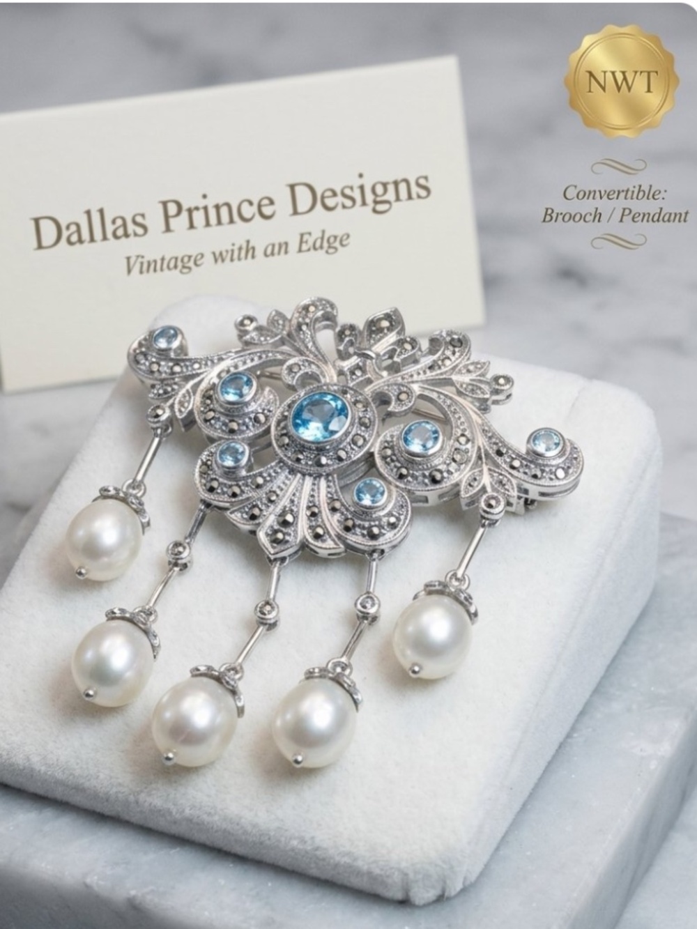 Dallas Prince Blue Topaz Pearl and Chrome Marcasite Brooch / Pendant